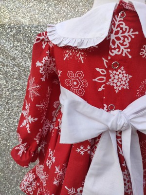 Matali Kız Bebek Çocuk Kırmızı Önlük Yaka Kar Tanesi Desenli Elbise