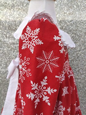 Matali Kız Bebek Çocuk Kırmızı Önlük Yaka Kar Tanesi Desenli Elbise