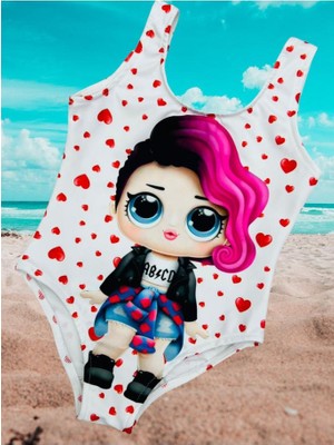 Lolli Boom Kids Kız Çocuk Punk Lol Rocker Boi Mor Saçlı Karakter Desen Beyaz Üzeri Kalp Desen Mayo