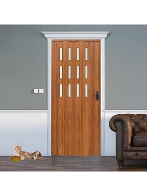 Faran Dekorasyon 102 x  215 Ceviz Renk Camlı Pvc Akordiyon Katlanır Kapı - Frnakmodel-85