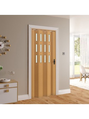 Faran Dekorasyon 145 x  215 Meşe Renk Camlı Pvc Akordiyon Katlanır Kapı - Frnakmodel-99