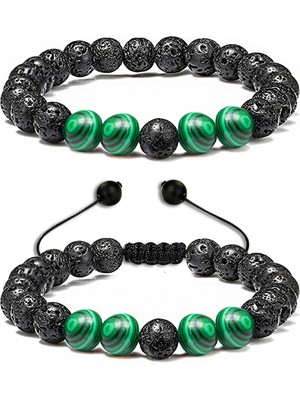 Tesbih Atölyesi Sertifikalı Doğal Malahit Volkan Lav Taşı Doğal Taş Bileklik Seti