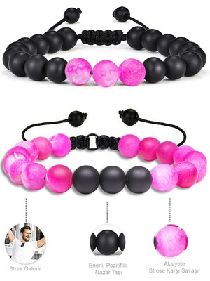 Tesbih Atölyesi Sertifikalı Doğal Pembe Akik Oniks Taşı Doğal Taş Bileklik Seti