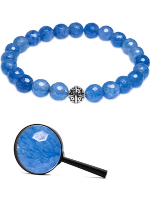 Tesbih Atölyesi Sertifikalı Gümüş Aparat Fasetli Doğal Mavi Akik Taşı Bileklik