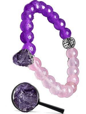 Tesbih Atölyesi Sertifikalı Gümüş Aparatlı Doğal Pembe Kuvars Mor Akik Taşı Bileklik - Ametist Sallantı