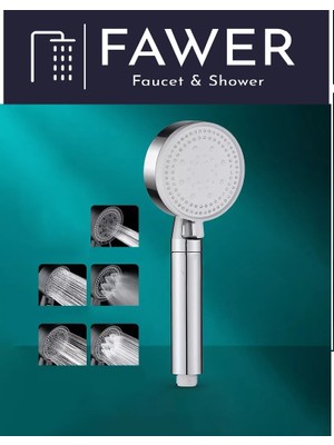 FAWER Faucet & Shower 5 Fonksiyonlu Krom Yüksek Basınçlı Ayarlanabilir Duş Başlığı El Duşu