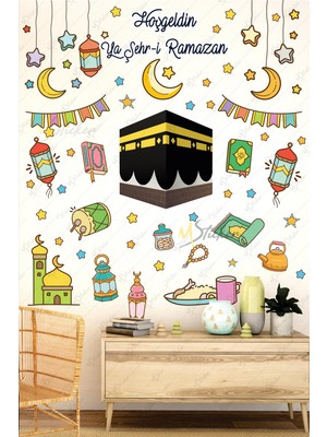 Msticker Ramazan Ayı Temalı Süsleme, Kabe ve Ramazan Figürleri Cam Duvar Sticker Seti R5