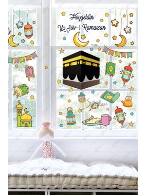 Msticker Ramazan Ayı Temalı Süsleme, Kabe ve Ramazan Figürleri Cam Duvar Sticker Seti R5