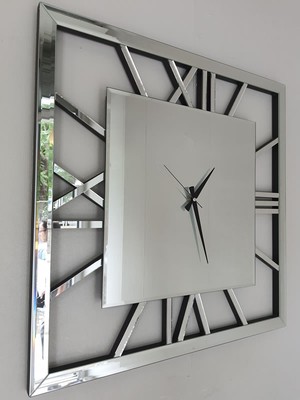 Ayna Denizi Time Silver Model Gümüş Renk 70 Cm x 70 Cm Dekoratif Aynalı Duvar Saati