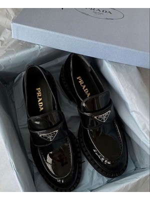 Passionis Prada Klasik Ayakkabı - Prada Black Brushed Leather Loafers -Prada Parlak Klasik Ayakkabı