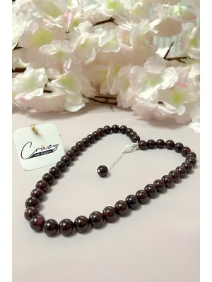 Crazy Takı Tasarım 8 mm Hakiki Garnet (Lal) Doğaltaş 925 Ayar Gümüşlü Kolye