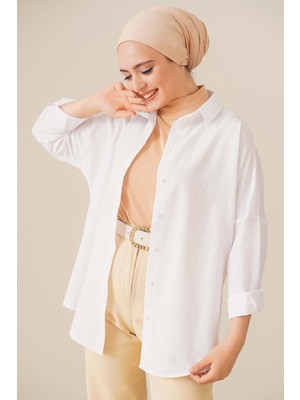 Bigdart 103901 Beyaz Oversize Basic Tesettür Gömlek - Kadın Günlük Düz Desenli Truvakar Kol