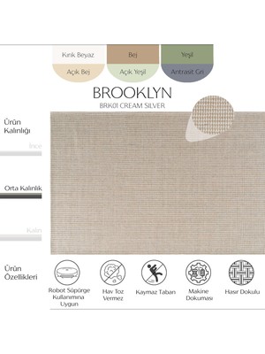 Cool Halı Brooklyn Brk 01 Krem Gümüş Jüt Hasır Görünümlü Kaymaz Taban Dokuma Modern Makine Dokuması Kilim