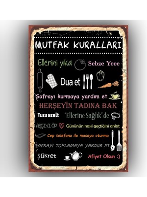 Printhome Retro Ahşap Levha " Mutfak Kuralları " 25X35CM