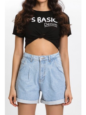 Its Basic Ice Kot Önü Pileli Yüksek Bel Jean Şort
