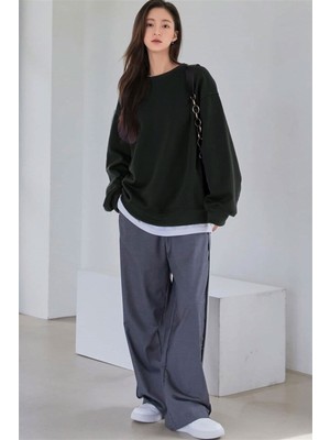 Millionaire Kadın Antrasit Basic 0 Sıfır Yaka Baskısız Düz Oversize Salaş Bol Kesim Polar Sweatshirt