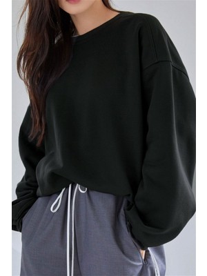 Millionaire Kadın Antrasit Basic 0 Sıfır Yaka Baskısız Düz Oversize Salaş Bol Kesim Polar Sweatshirt