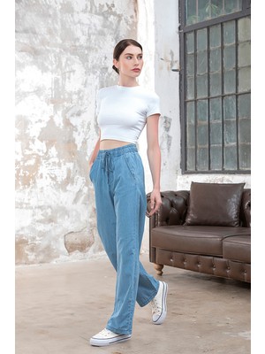 Its Basic Kadın Açık Mavi Renk Ince Yazlık Kumaş Beli Lastikli Pantolon