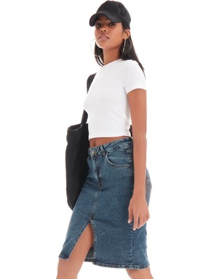 Its Basic Kadın Tint Kot Rengi Midi Boy Yüksek Bel Yırtmaçlı Jean Etek