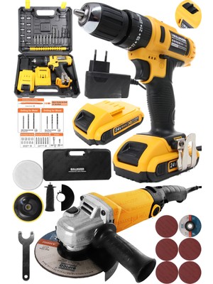 Bulldozer 2 Makine Ve Aksesuar Set Taşlama Polisaj Zımpara Makinesi ve Akülü Vidalama Makinesi