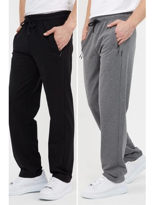 Comeor Siyah-Antrasit Erkek Büyük Beden 2'li Düz Paça Cep Fermuar Detaylı Rahat Kesim Eşofman Altı