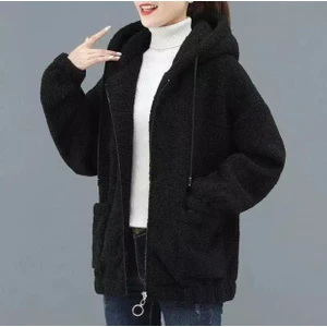 Amor Man Özel Üretim Kapüşonlu Tam Fermuarlı Astarsız %100 Yünp Peluş Polar Kadın Ceket