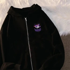 Touz Moda Kuromi Baskılı Oversize Fermuarlı Siyah Kapüşonlu Hırka