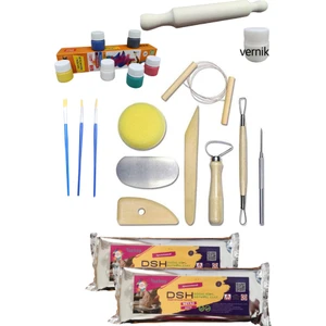 Seramik Başlangıç Seti 12, 8'li Ebeşuar Lı Set, 2 Adet 1 kg Beyaz Seramik Hamuru, Guaj Boya, Merdane