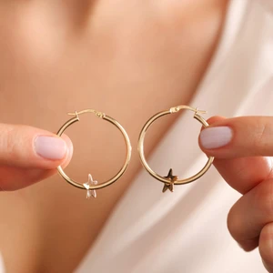 Sembol Gold 14 Ayar Altın Halka Küpe Yıldız Form 3.0 cm