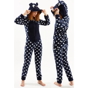 Kadın Lacivert Tavşan Puanlı Arka Fermuarlı Polar Tulum Pijama