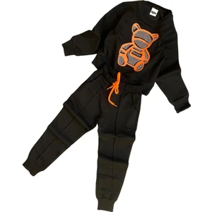 Lolli Boom Kids Kız Çocuk Gümüş Taş Baskı Kabartma Ayıcık Detaylı Siyah Turuncu Renk 2 Ip Eşofman Takımı