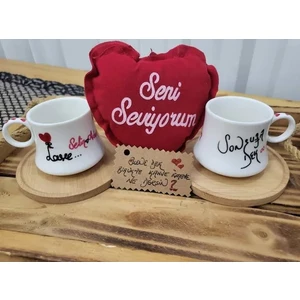 Seliness Design Çiftlere Özel 2 Kişilik Aşk Temalı Kahve Fincanı Takımı Peluş Kalp Hediyeli