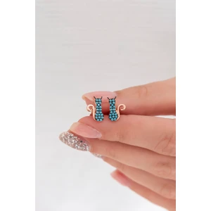 925 Ayar Minik Turkuaz Kedi Küpe Kadın Gümüş Küpe