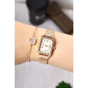 Newera Watch Metal Kordon Dikdörtgen Kasa Bakır Kadın Bileklik Saat Seti NWKK041157