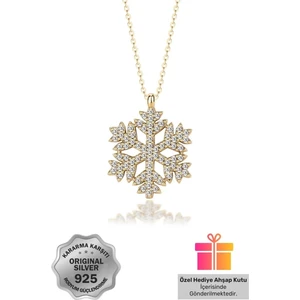 ERN Silver Hediye Kutulu 925 Ayar Gümüş Altın Kaplama Rodyumlu Kar Tanesi Kolye Beyaz Taşlı Sevgili Kar Kolyesi
