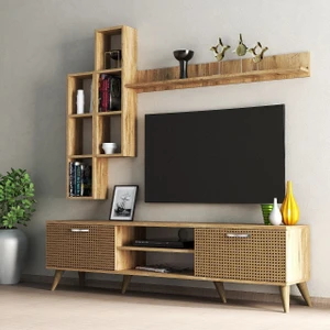 Mega 180 Lik Kitaplıklı Raflı Tv Ünitesi Çam Hazeran Kapaklı - TVU0304