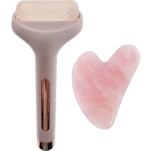Pembe Kuvars Kalp Gua Sha Masaj Taşı ve Ice Roller Masaj Aleti Doğaltaş
