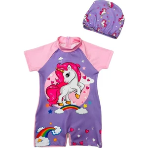 Lolli Boom Kids  Kız Çocuk Tam Vücut Sırt Fermuarlı Mayo Sevimli Unicorn Desen Baskılı Sezon 2022 Bone