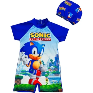 Lolli Boom Kids  Erkek Çocuk Sonic Baskılı Bone Hediyeli Tam Vücut Şortlu Kollu Mayo Sezon 2022