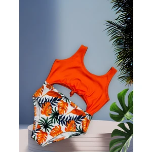 Lolli Boom Kids  Kız Çocuk Göbek Bağlama Detaylı Turuncu Renk Tropik Amazon Yaprak Detaylı Mayo / Mayokini