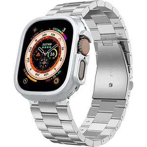 M.TK Moveteck Apple Watch Ultra 49MM Uyumlu Kayış Metal Baklalı Kordon Paslanmaz Çelik Ultra Lüx Kasalı Kordon 2in1 Set Şeffaf Kasa Koruyucu