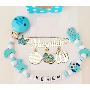 Sahi Aksesuar Isimli Bebek Emzik Zinciri ve Mavi Taşlı Bebek Yaka Iğnesi