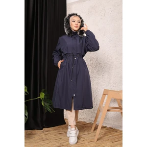 Vibeys Collection Lacivert Içi Kürklü ve Su Geçirmez Büyük Beden Battal Kadın Kışlık Mont & Kaban