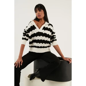 Renk Bloklu Polo Yaka Triko Kazak Bayan Kazak 63622409