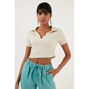 Slim Fit Polo V Yaka Crop Bluz Bayan Bluz 5865035