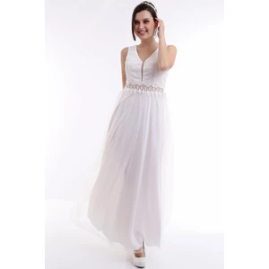 Ön Arka V Yakalı Beli Güpürlü Kabartma Simli Uzun Abiye Elbise