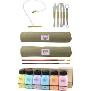 Beyaz Seramik Hamuru 6x2 kg Kil Kesme Teli 5'li Ebeşuar Artdeco Akrilik Boya 6X75 ml Pastel Renkler