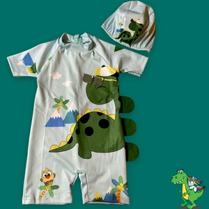 Lolli Boom Kids  Erkek Çocuk Kısa Kol Sırt Fermuar Sevimli Dinozor Desen Keçe Detaylı Hipster Yüzücü Mayo Bone Hediyeli