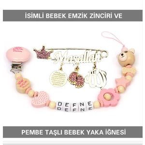 Sahi Aksesuar Isimli Bebek Emzik Zinciri ve Pembe Taşlı Bebek Yaka Iğnesi