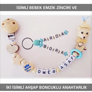 Sahi Aksesuar Isimli Bebek Emzik Zinciri ve Iki Isimli Anahtarlık Seti